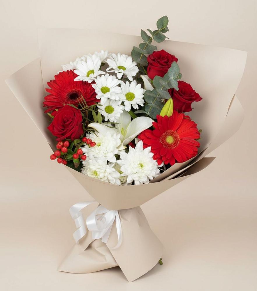 Букет цветов из: Розы, Хризантемы, Герберы и Лилии в Орловском Забайкальского края