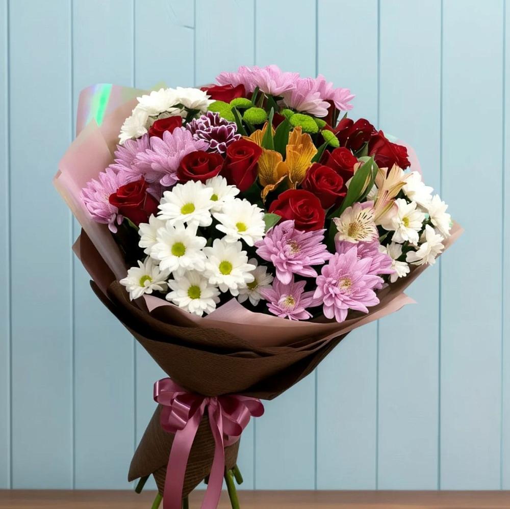 Букет цветов из: Розы, Хризантемы и Альстромерии в Орловском Забайкальского края